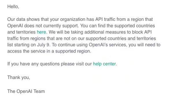 OpenAI宣布终止对中国提供API服务
